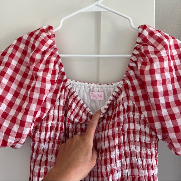 Ruched Gingham Dress with Puff Sleeves / Size M - Picture 4 of 5